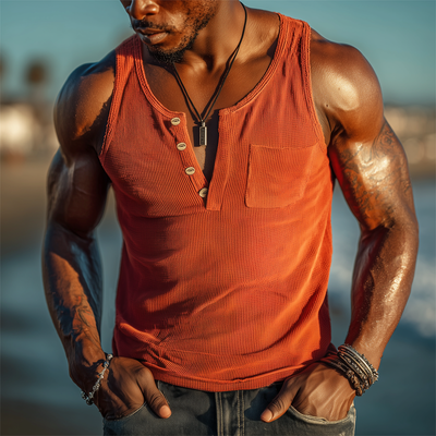 Orin | Men'S Summer Henley Neck Waffle Solid Tank Top