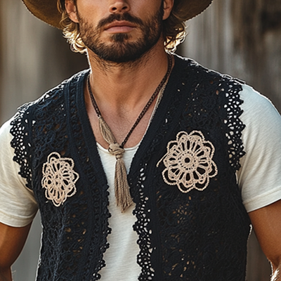 Mike | Men'S Western Style Colorblock Crochet Buttonless Vest