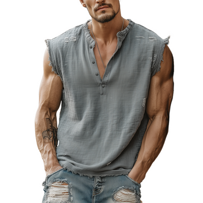 Leo | Men'S Summer Casual Tough Style Henley Collar Cotton Blended Raw Edge Ripped Tank Top