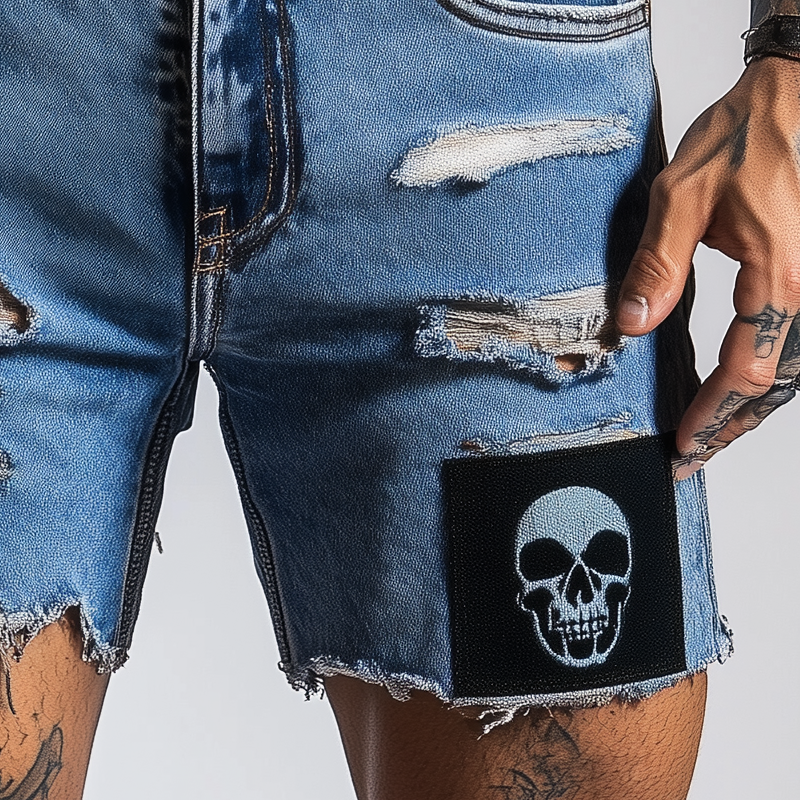 Gary | Men'S Skull Pattern Patchwork Ripped Denim Shorts