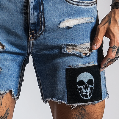 Gary | Men'S Skull Pattern Patchwork Ripped Denim Shorts
