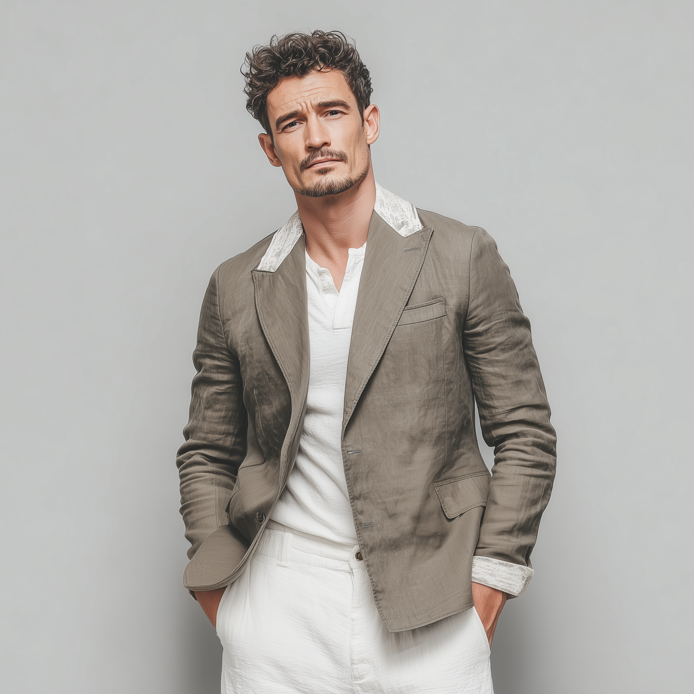 Juan | Men'S Stylish Casual Cotton And Linen Blend Collar And Cuffs Lace Single-Breasted Blazer
