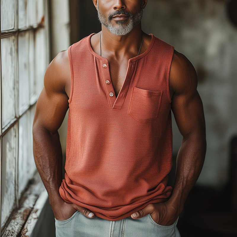 Tracey | Men'S Summer Fashion Waffle Cotton Blend Henley Neck Tank Top