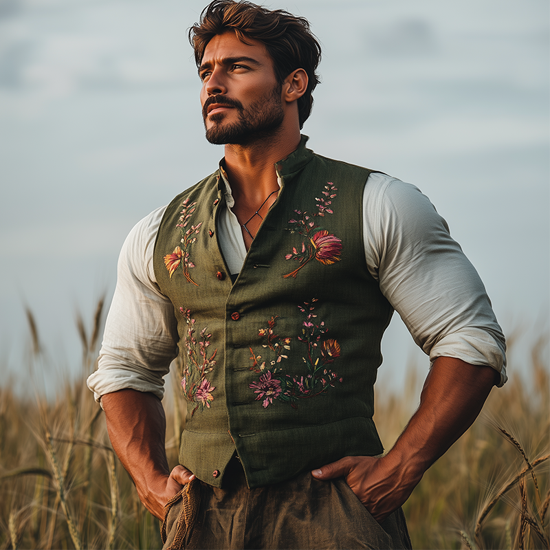 Larry | Men'S Summer Fashion Embroidered Slub Linen Sleeveless Vest