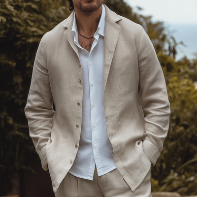Walter | Men'S Casual Solid Color Breathable Linen Cuban Collar Single Breasted Loose Long Sleeve Shirt
