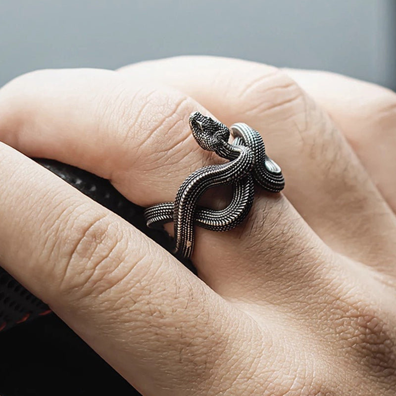Eddie | Men'S Retro Punk Style Three-Dimensional Python S925 Silver Adjustable Ring
