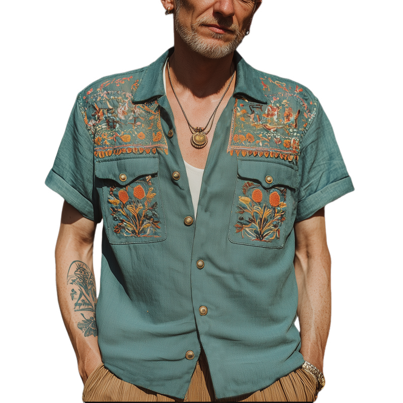 Oscar | Men'S Summer Exquisite Multicolor Embroidered Short Sleeve Shirt