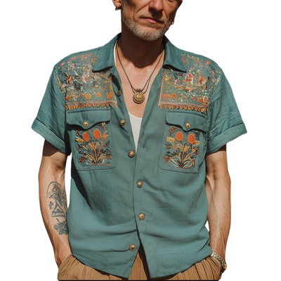 Oscar | Men'S Summer Exquisite Multicolor Embroidered Short Sleeve Shirt