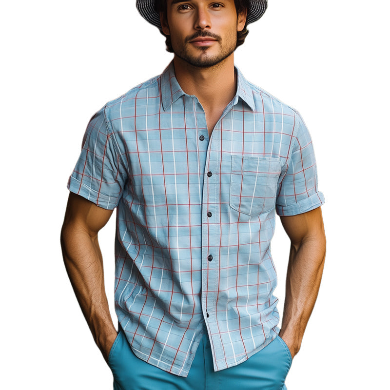 Stephen | Men'S Summer Basic Blue Plaid Short Sleeve Shirt