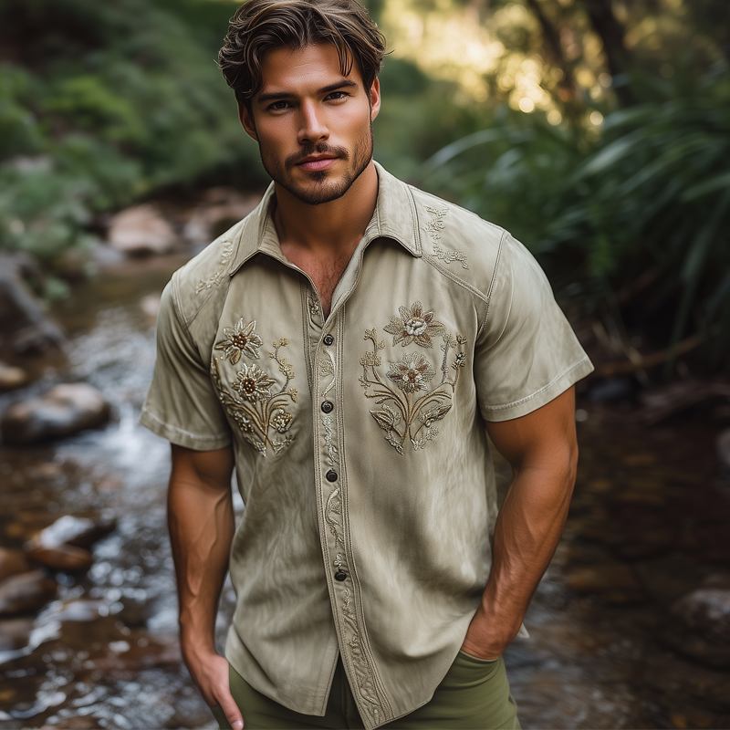 Federico | Men'S Summer Floral Embroidered Suede Short Sleeve Shirt