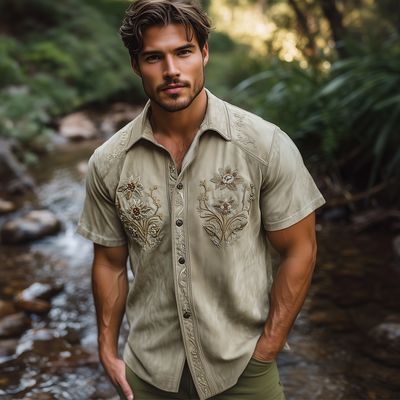 Federico | Men'S Summer Floral Embroidered Suede Short Sleeve Shirt