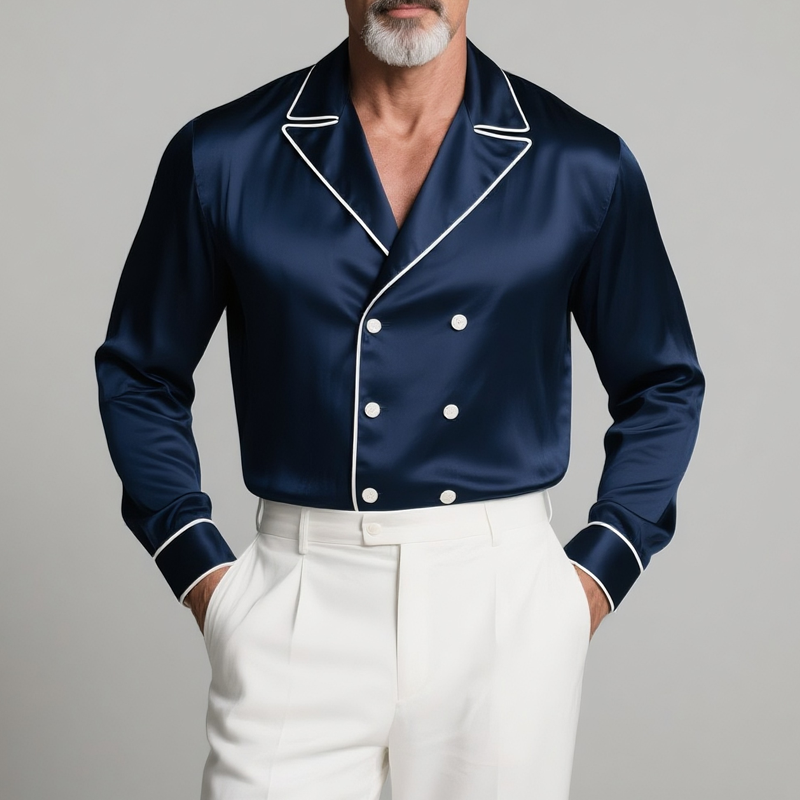 Jerry | Men'S White Trim Lapel Double Breasted Long Sleeve Satin Shirt