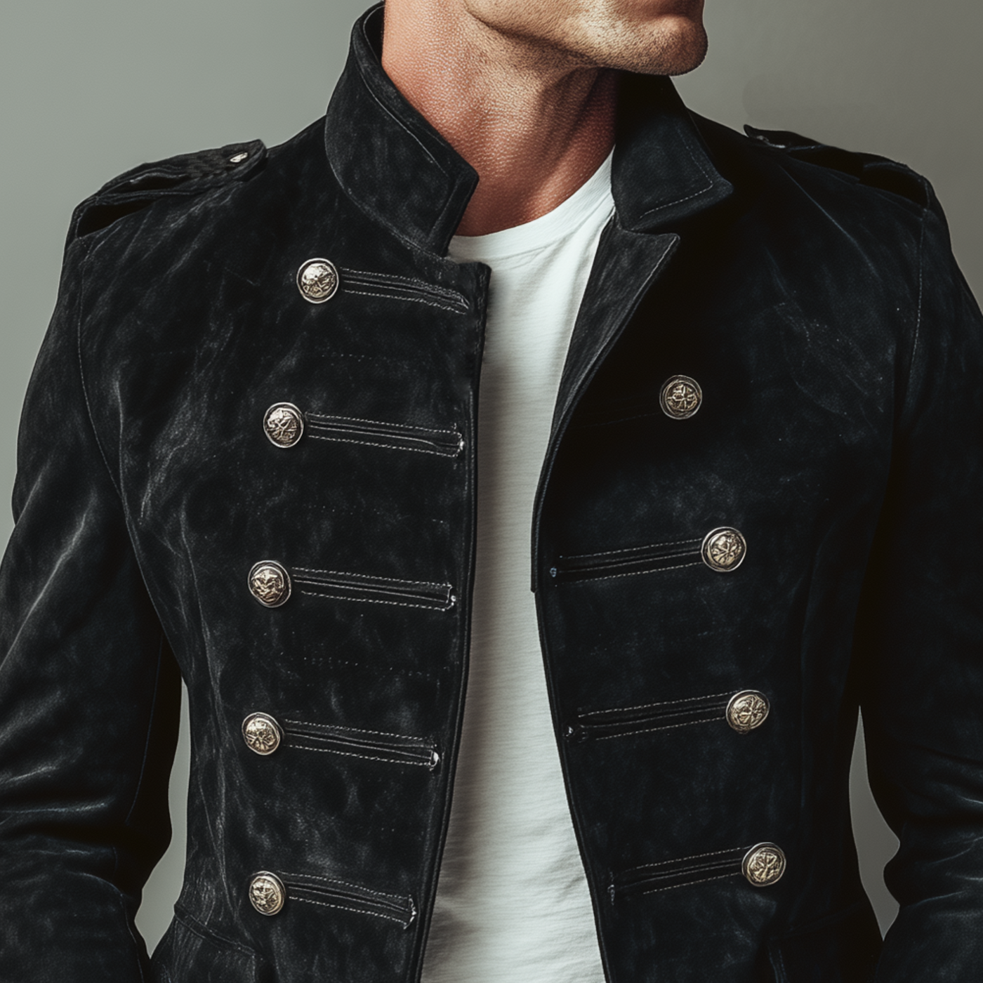 Men's Classic Retro Stand Collar Fax Sede Doble-breasted Slim-fit JacketK