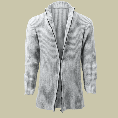 Len | Modern knitted cardigan with stand-up collar and striped pattern