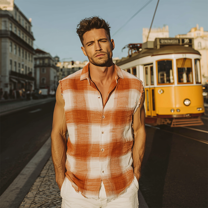 Marcelo | Men'S Spring And Summer Fashion Casual Contrast Plaid Cotton Blended Sleeveless Shirt