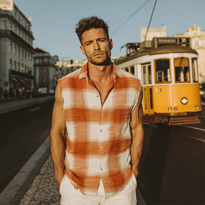 Marcelo | Men'S Spring And Summer Fashion Casual Contrast Plaid Cotton Blended Sleeveless Shirt