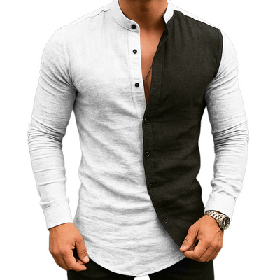 Alfred | Men'S Retro Casual Cotton And Linen Colorblock Stand Collar Long Sleeve Shirt