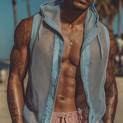 Lamar | Men'S Spring And Summer Fashion Casual Mesh Fabric Splicing Cotton And Linen Slightly Transparent Sexy Hooded Sleeveless Shirt