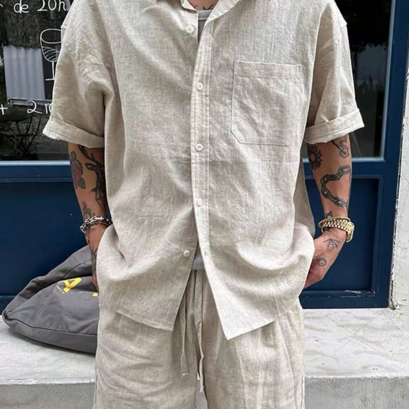 Claudio | Men'S Casual Breathable Linen Lapel Patch Pocket Loose Short Sleeve Shirt Elastic Waist Shorts Holiday Set