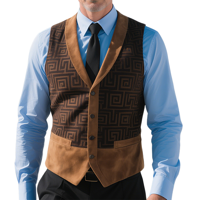 Brian | Men'S Retro Casual Herringbone Printed Suede Geometric Colorblock Vest