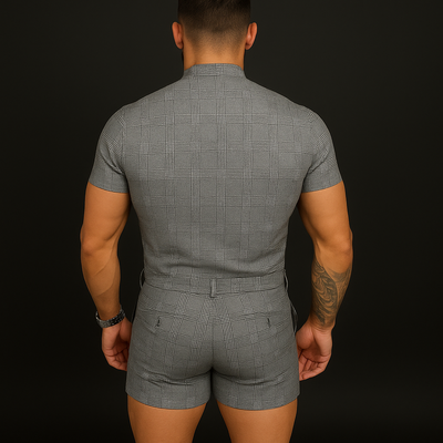 Clint | Men'S Summer Fashion Plaid Cotton And Linen Short Sleeve Shorts Jumpsuit