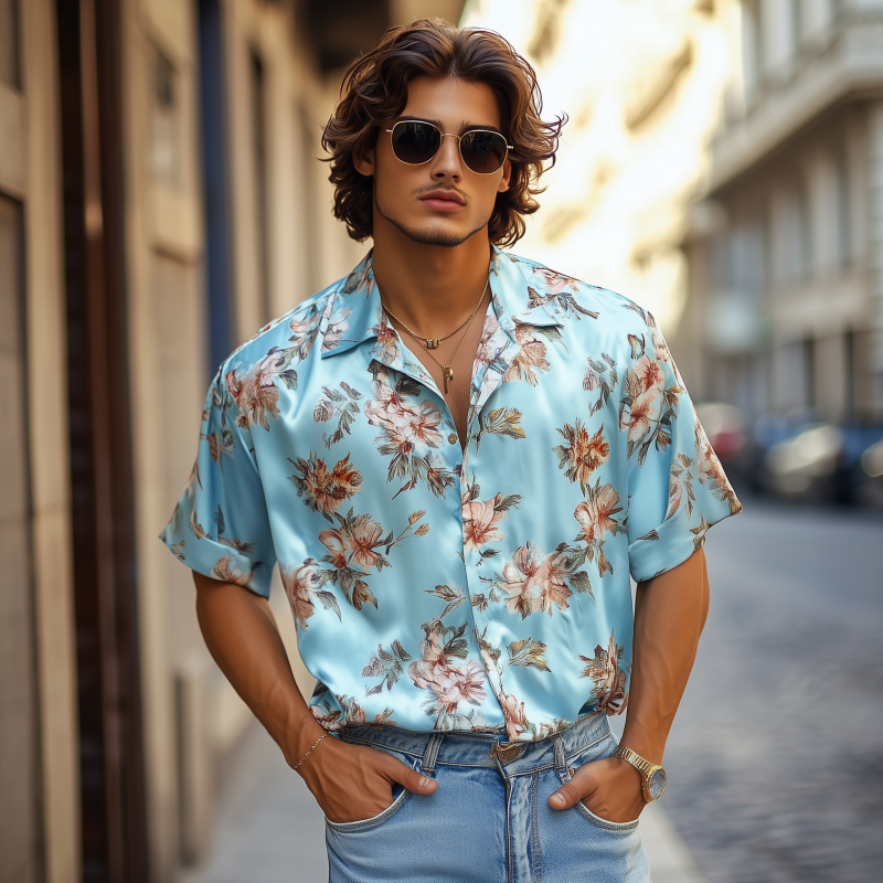 Graham | Men'S Retro Elegant Flower Print Satin Lapel Loose Short Sleeve Shirt