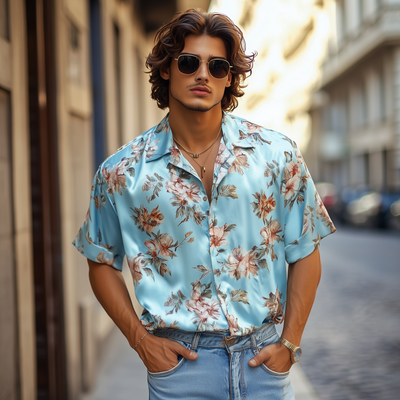 Graham | Men'S Retro Elegant Flower Print Satin Lapel Loose Short Sleeve Shirt