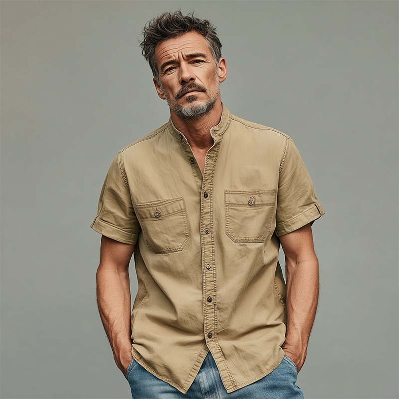 Michael | Men'S Summer Casual Cotton Blended Washed Stand Collar Short Sleeve Shirt