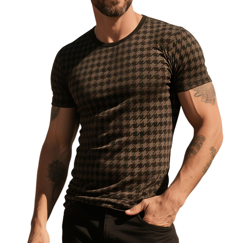 Eugene | Men'S Retro Casual Houndstooth Printed Round Neck Short Sleeve T-Shirt