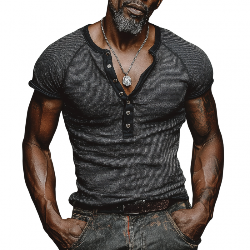 Renato | Men'S Casual Cotton Striped Colorblock Trim Henley Collar Slim Fit Short Sleeve T-Shirt