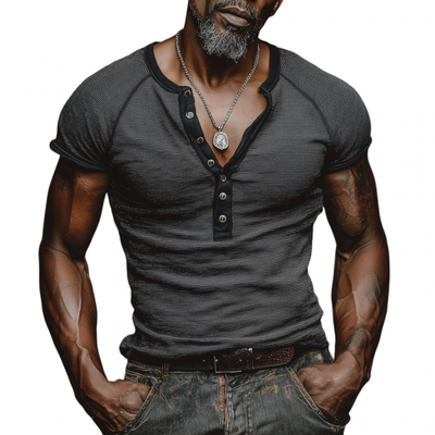 Renato | Men'S Casual Cotton Striped Colorblock Trim Henley Collar Slim Fit Short Sleeve T-Shirt