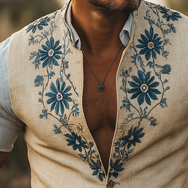 Leo | Men'S Summer Fashion Embroidered Linen Blend Sleeveless Vest