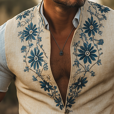 Leo | Men'S Summer Fashion Embroidered Linen Blend Sleeveless Vest