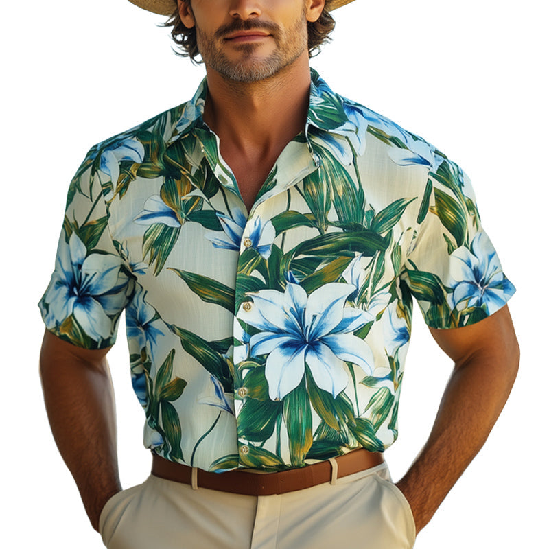 Sidney | Men'S Summer Beach Lily Print Short Sleeve Shirt