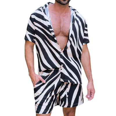 Drew | Men'S Spring And Summer Fashion Casual Zebra Stripe Printed Silk Cotton Short Sleeve Shirt Elastic Waist Shorts Set