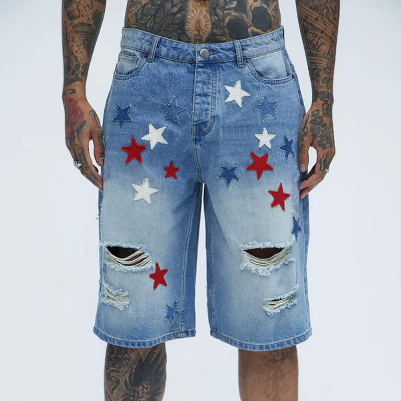 Caleb | Men'S Spring And Summer Fashion Casual Washed Denim Patch Five-Pointed Star Decorated Ripped Shorts