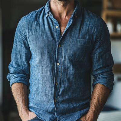 Warren | Men'S Casual Breathable Linen Lapel Patch Pocket Slim Fit Long Sleeve Shirt