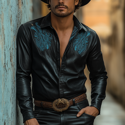 James | Men'S Western Embroidered Faux Leather Long Sleeve Shirt