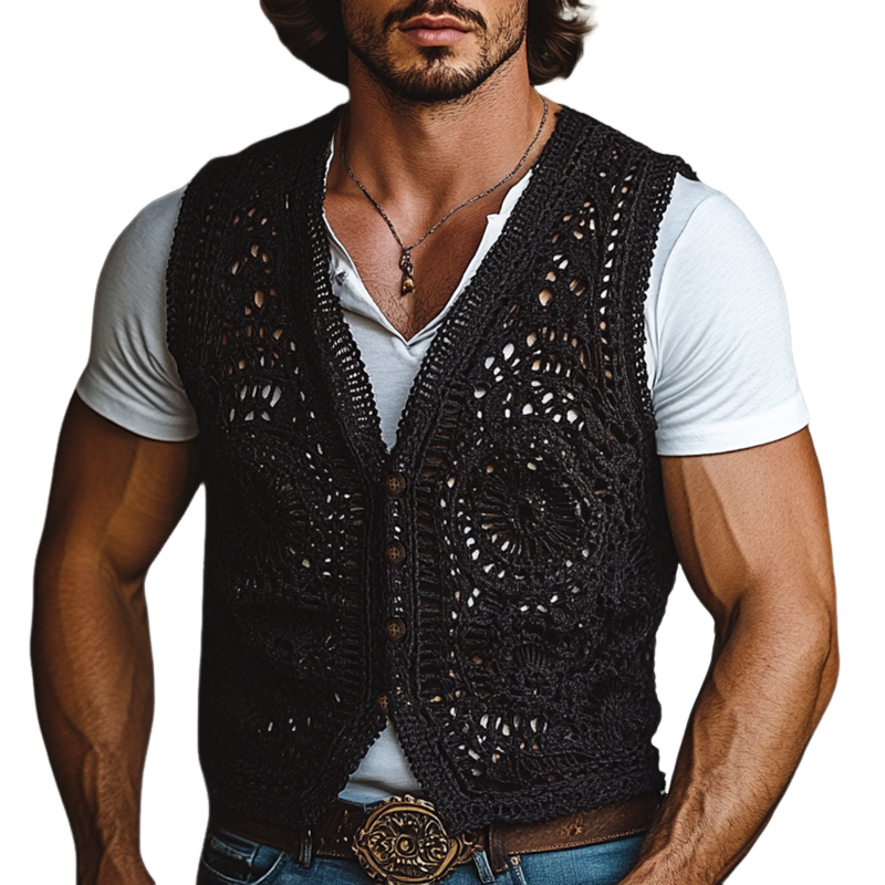Miguel | Men'S Western Style Black Crochet Single Breasted Vest