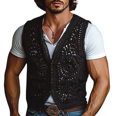 Miguel | Men'S Western Style Black Crochet Single Breasted Vest