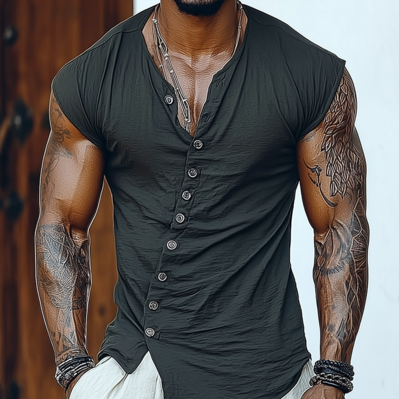 Anton | Men'S Casual Solid Color Breathable Cotton Blend Oblique Placket Irregular Hem Slim Sleeveless Shirt