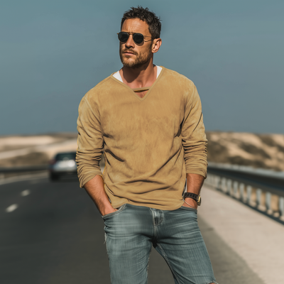 Wayne | Men'S Spring And Summer Fashion Casual Thin Suede V-Neck Loose Long-Sleeved T-Shirt
