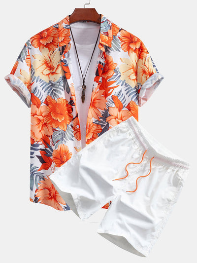 Kirk® | Tropical Flowers Print Button Up Shirt & Drawstring Swim Shorts
