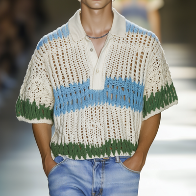 Willis | Men'S Casual Contrast Striped Lapel Loose Short-Sleeved Knitted Polo Shirt