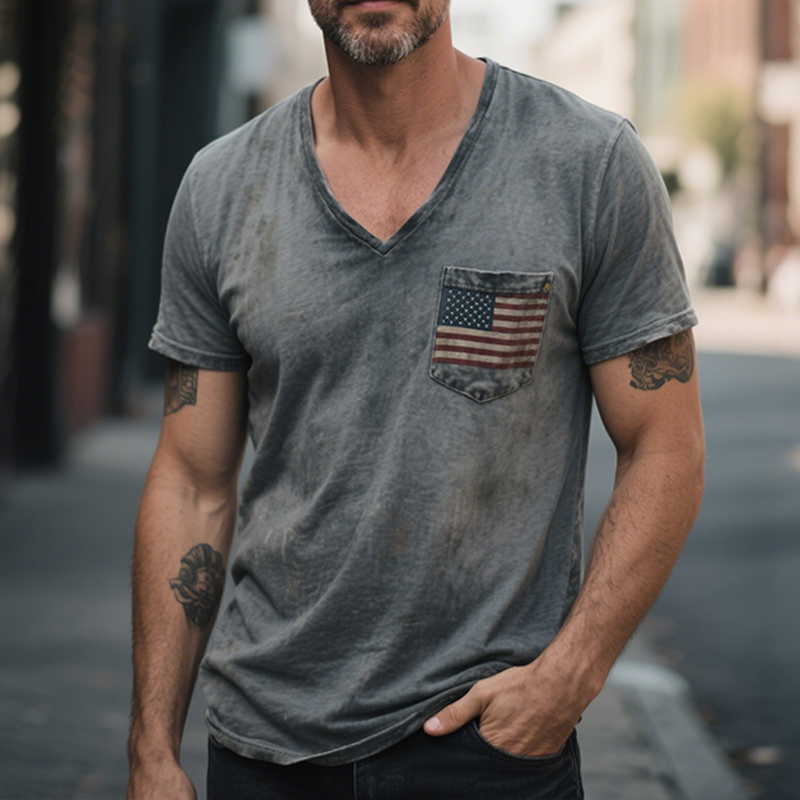 Graham | Men'S Retro Casual Flag Print V-Neck Short Sleeve T-Shirt