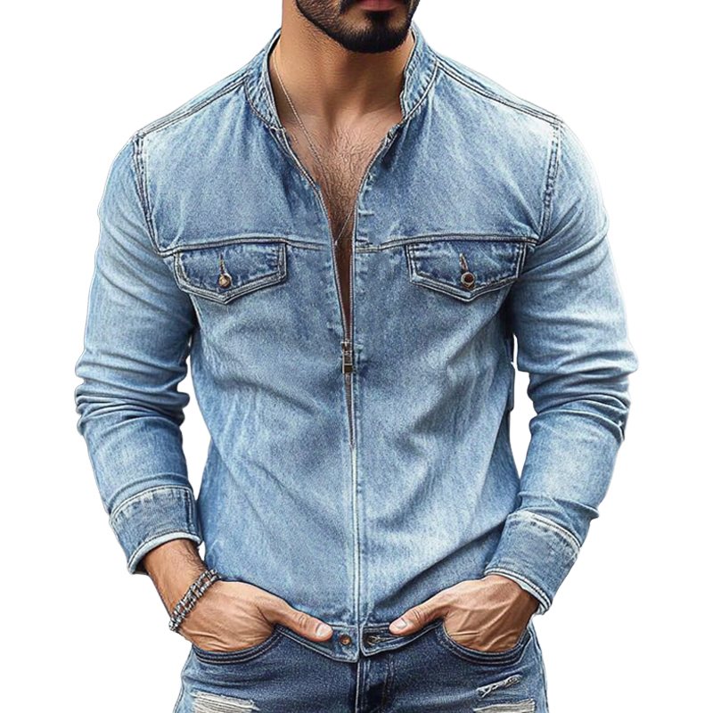Jeffrey | Men'S Vintage Washed Distressed Stand Collar Zipper Denim Jacket