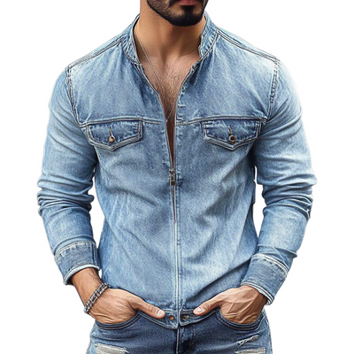 Jeffrey | Men'S Vintage Washed Distressed Stand Collar Zipper Denim Jacket