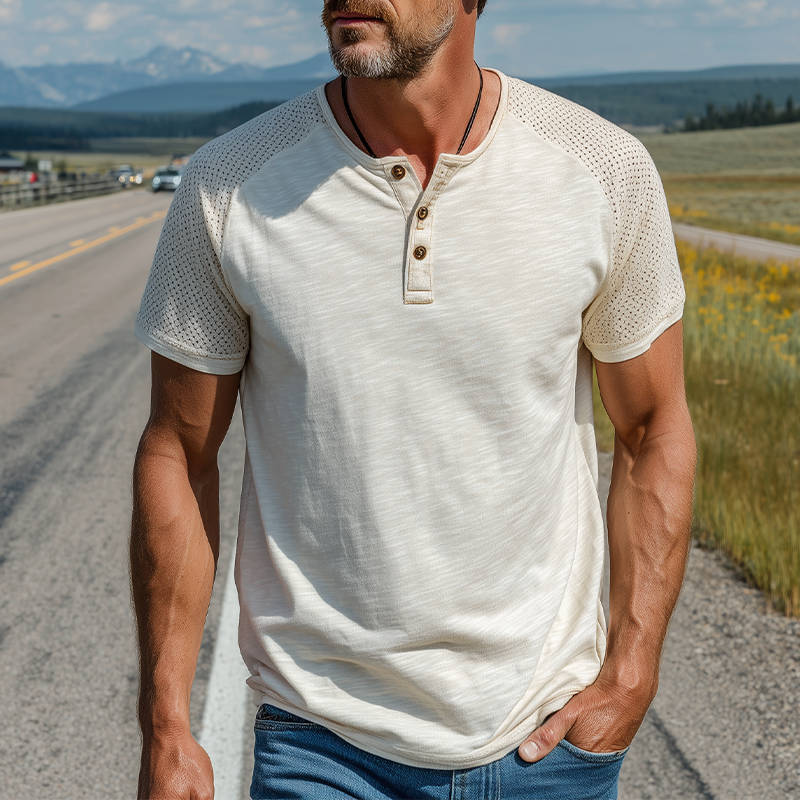 Zane | Men'S Spring And Summer Fashion Casual Cotton Blended Shoulder Splicing Mesh Henley Collar Short Sleeve T-Shirt