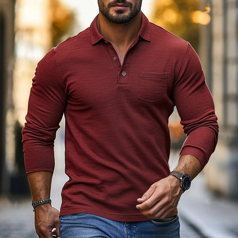 Nate | Men'S Casual Breathable Skin-Friendly Solid Color Cotton Lapel Slim Fit Long Sleeve T-Shirt
