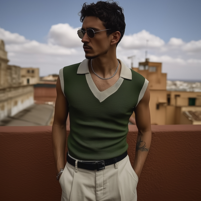 Adam | Men'S Casual Breathable Colorblock Lapel Slim Fit Knitted Sleeveless Polo Shirt